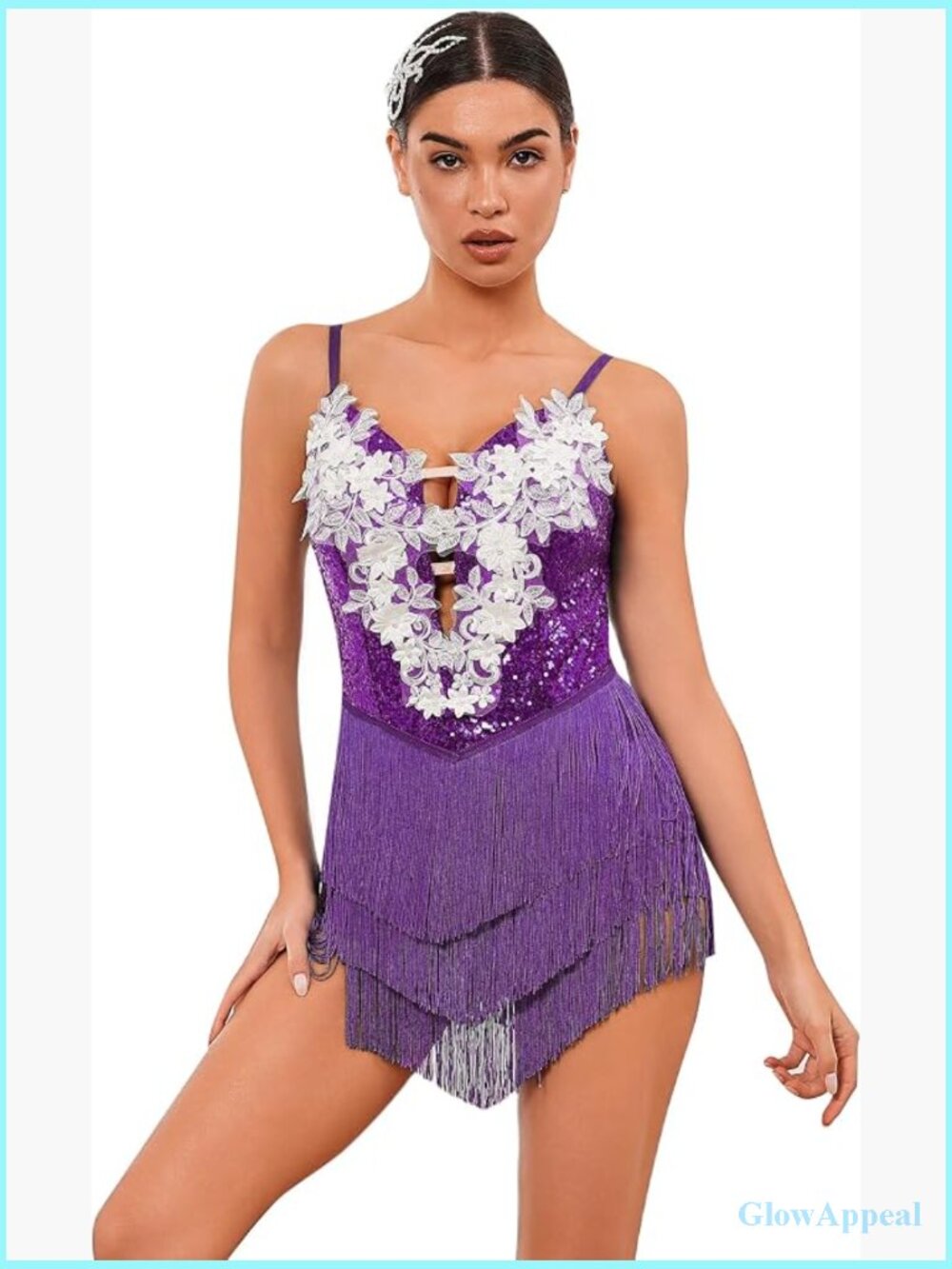 Sequin Fringe Bodysuit Plunging Floral Dance Costume